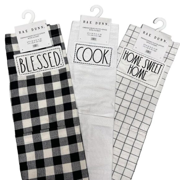 Rae Dunn Blessed /Cook /Home Sweet Home Apron Embroidered Patch Pocket Checked